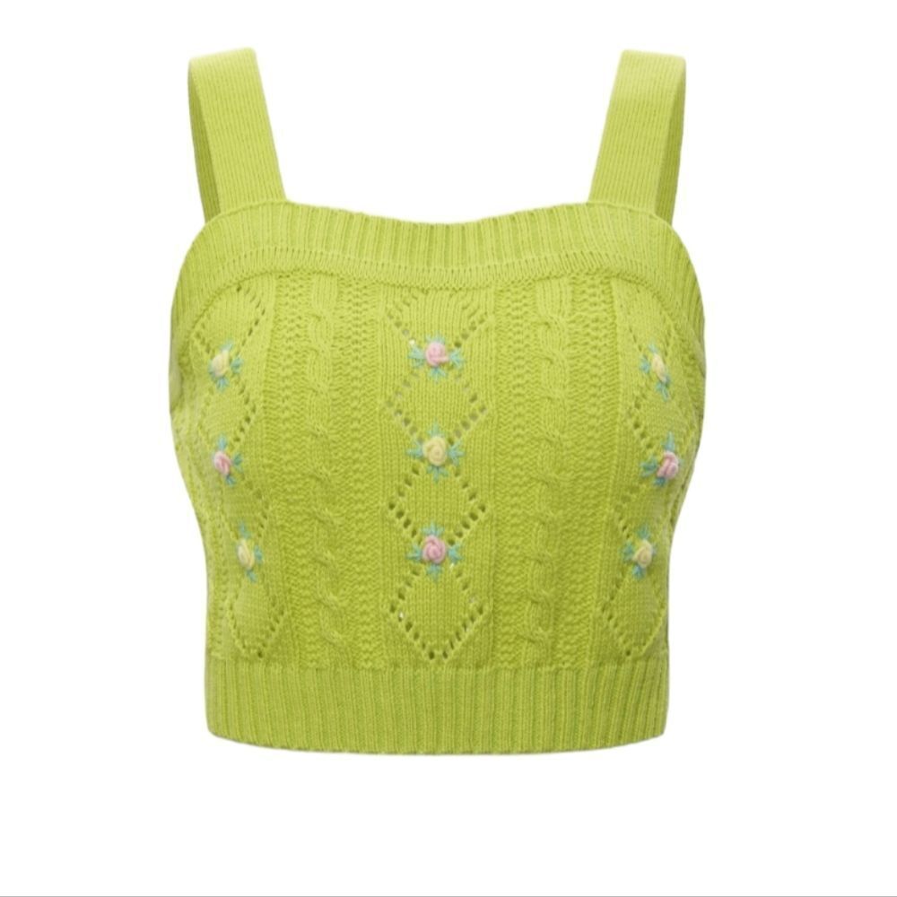 NEW Cider lime green‎ floral embroidery knit sweater cropped tank top L